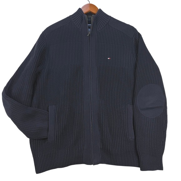 Tommy Hilfiger Mens L Full Zip Knit Cardigan Sweater Blue Elbow Patch - Picture 1 of 13